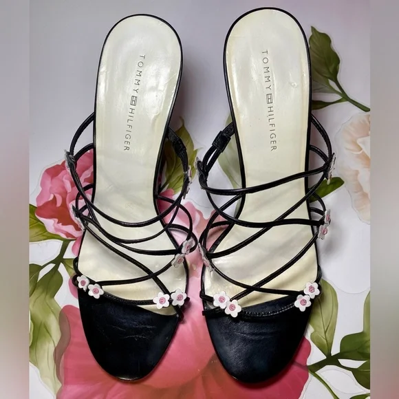 Tommy Hilfiger Black Strappy Heels with Pink Floral Accents - Picture 5 of 10